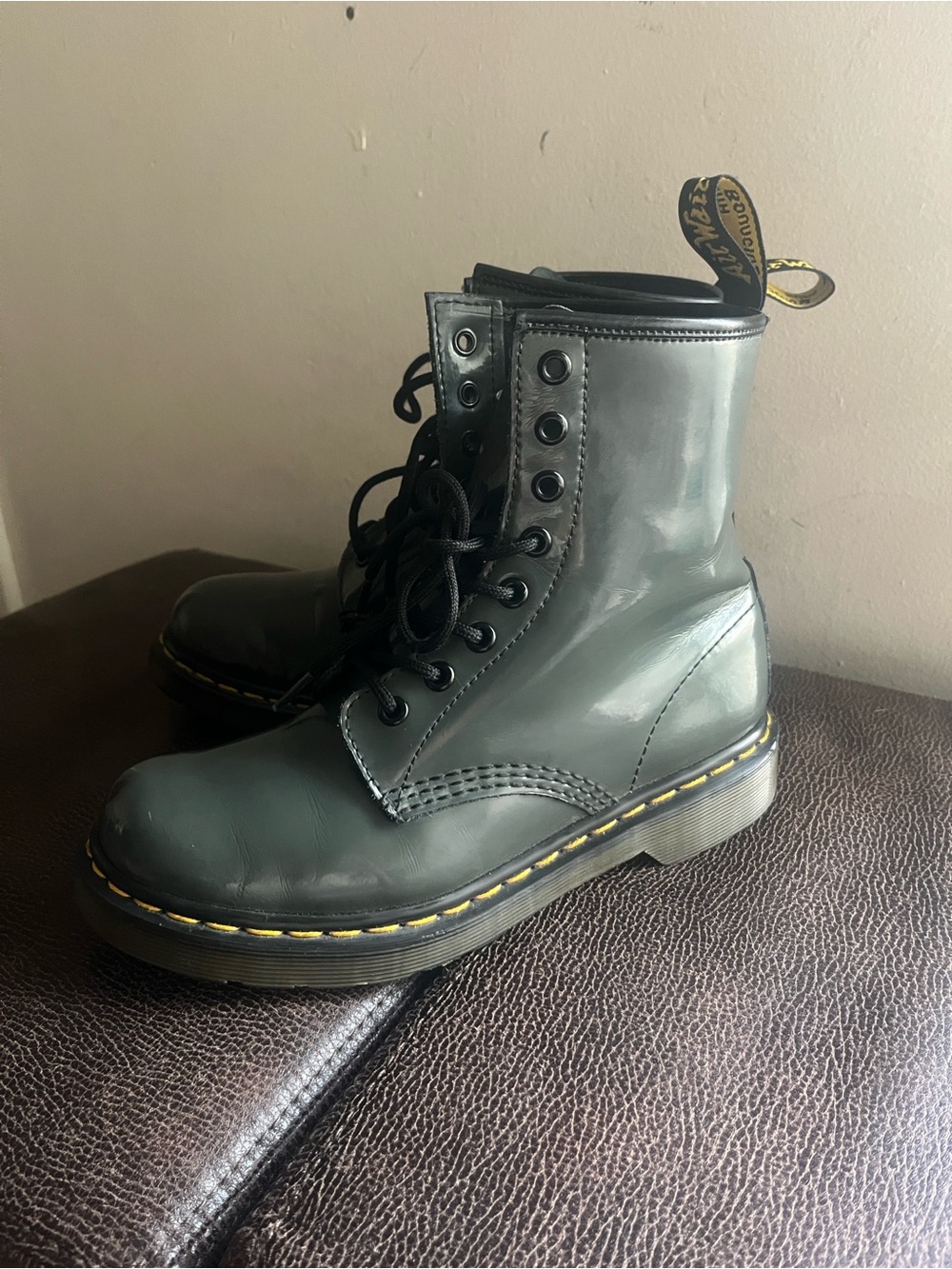 Dr. Martens Patent Green Lace-Up Combat Boot